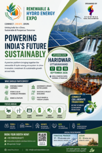 Alt Text:Renewable Energy Expo India 2026 poster featuring hydro power, solar energy, wind turbines, green technology, and clean energy solutions in Haridwar, Uttarakhand.
