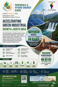 Renewable Energy & Hydro Power Expo Himachal Pradesh 2026 poster featuring hydro power plants, solar panels, wind turbines, industrial green technology, and clean energy solutions in Baddi, Himachal Pradesh.